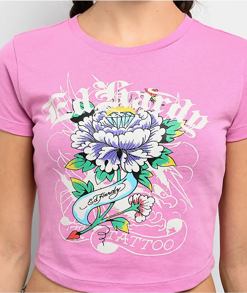 Ed Hardy Flower Diamond Pink Crop T-Shirt