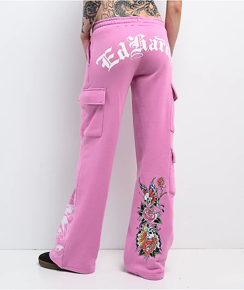 Ed Hardy Flower Skull Pink Cargo Sweatpants