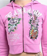 Ed Hardy Flower Skull Pink Crop Zip Hoodie