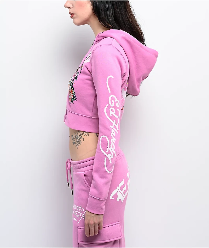 Ed Hardy Flower Skull Pink Crop Zip Hoodie