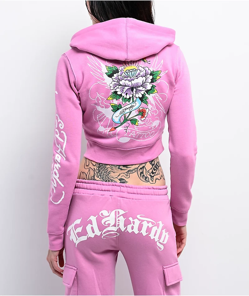 Ed Hardy Flower Skull Pink Crop Zip Hoodie