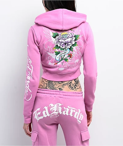 Ed Hardy Flower Skull Pink Crop Zip Hoodie
