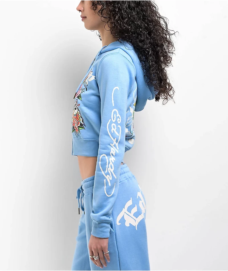 Ed Hardy Flower Skulls Powder Blue Crop Zip Hoodie