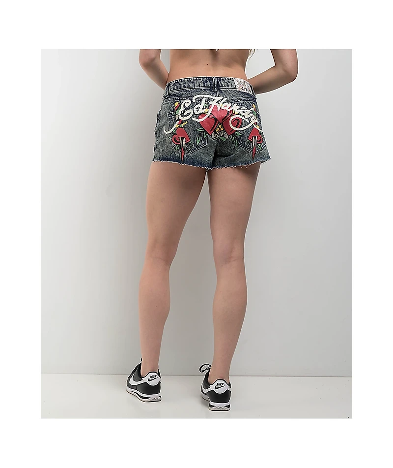 Ed Hardy Heart Dagger Blue Wash Denim Cutoff Shorts