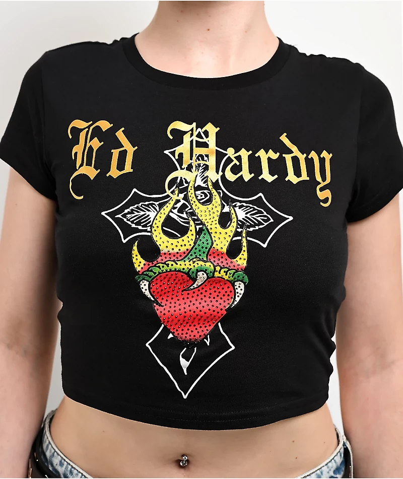 Ed Hardy Heart Flame Rhinestone Black Crop T-Shirt