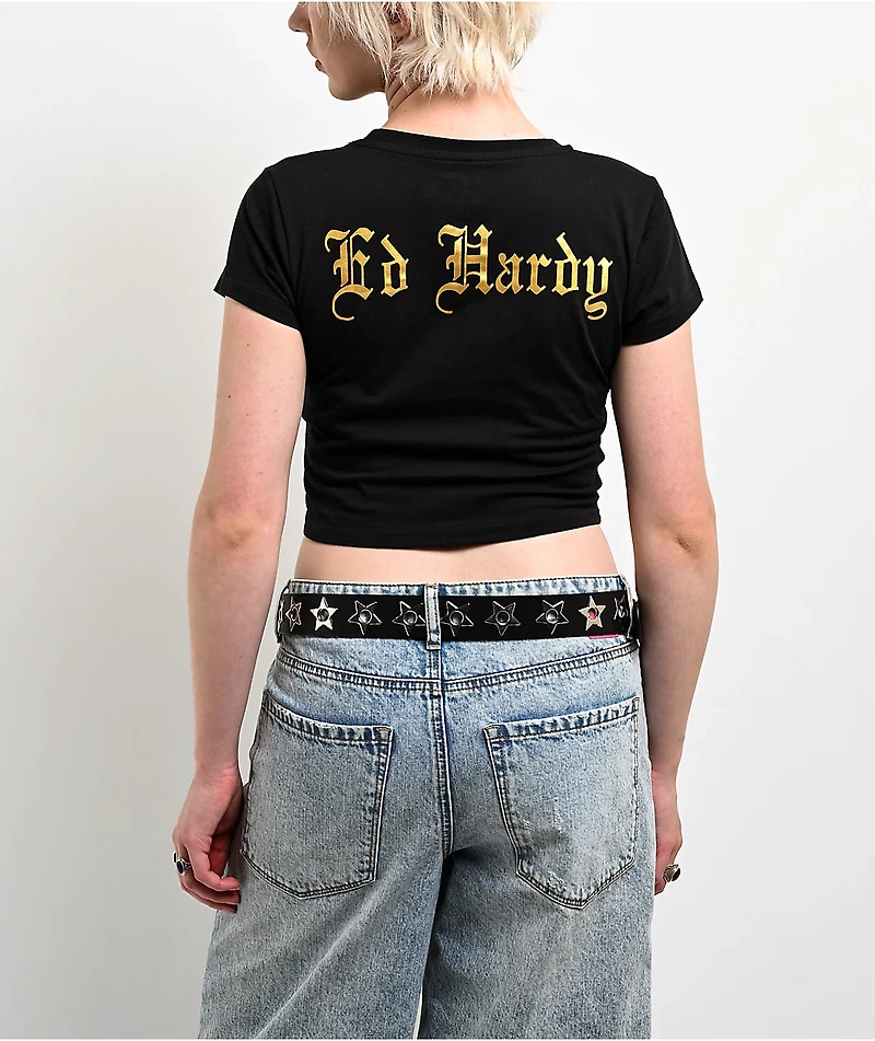 Ed Hardy Heart Flame Rhinestone Black Crop T-Shirt