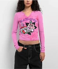 Ed Hardy Heart Roses Orchid Pink Notch Thermal Long Sleeve T-Shirt
