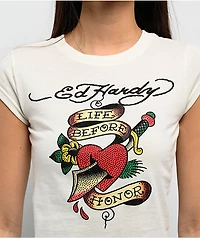 Ed Hardy Heart Sword Rhinestone Natural Crop T-Shirt