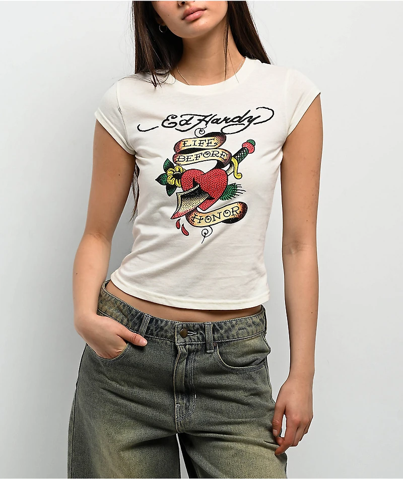 Ed Hardy Heart Sword Rhinestone Natural Crop T-Shirt