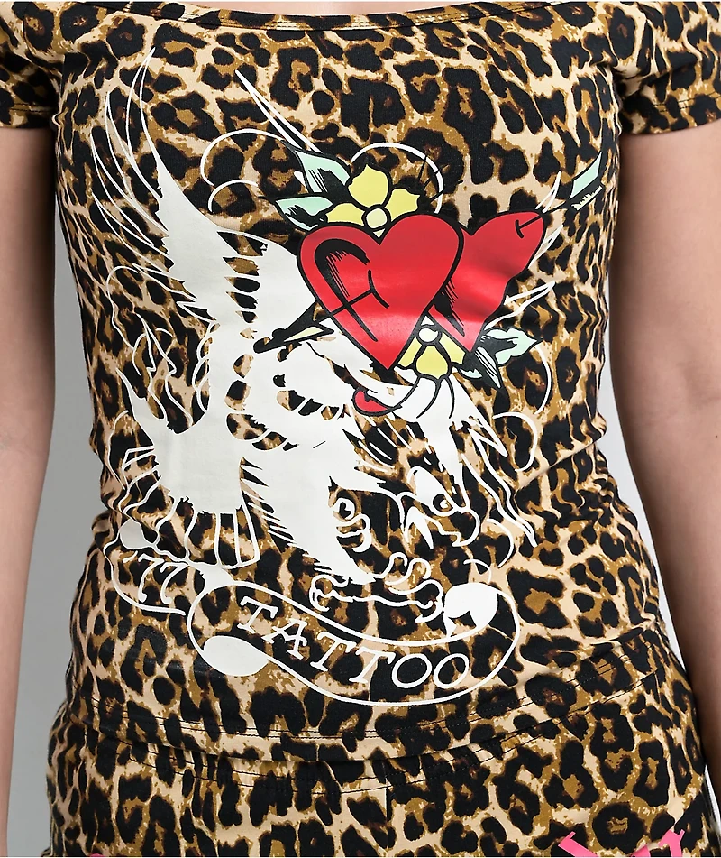 Ed Hardy Hearts Leopard Print Off Shoulder Crop T-Shirt