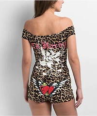 Ed Hardy Hearts Leopard Print Off Shoulder Crop T-Shirt
