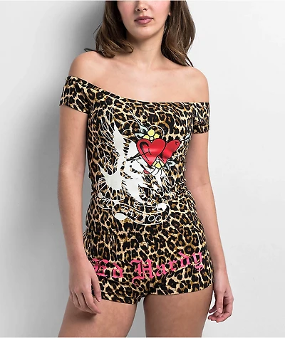 Ed Hardy Hearts Leopard Print Off Shoulder Crop T-Shirt