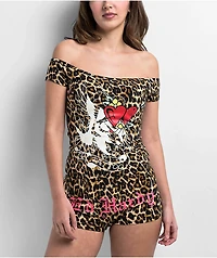 Ed Hardy Hearts Leopard Print Off Shoulder Crop T-Shirt