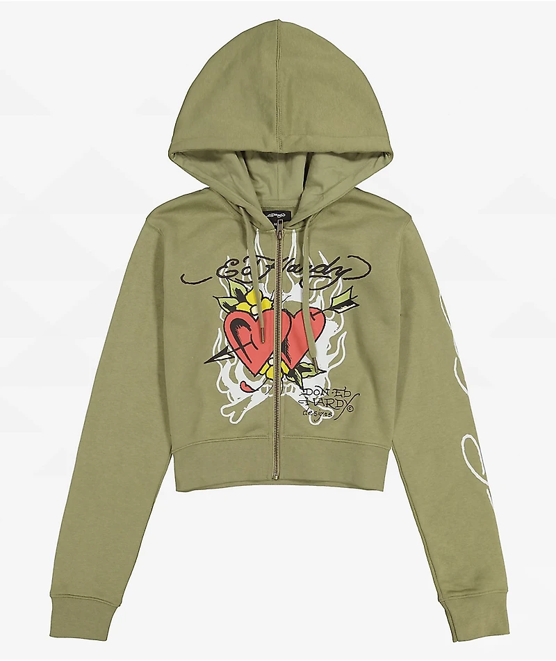 Ed Hardy Hearts Olive Crop Zip Hoodie