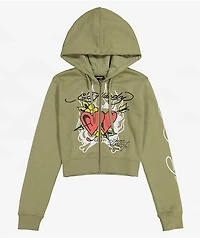 Ed Hardy Hearts Olive Crop Zip Hoodie