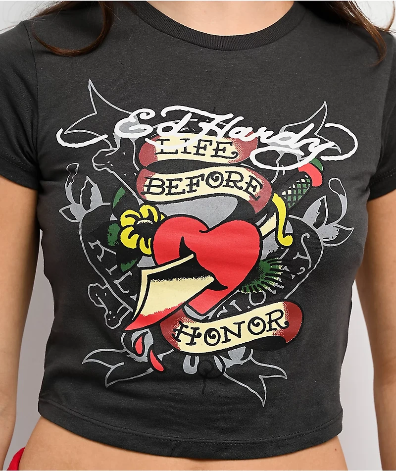 Ed Hardy Honor Heart Charcoal Crop T-Shirt