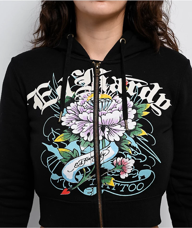 Ed Hardy Ice Flower Sunfade Black Zip Hoodie