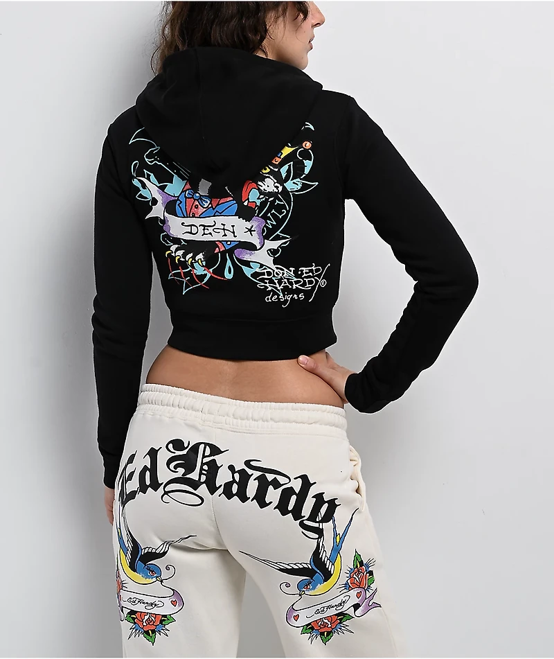 Ed Hardy Ice Flower Sunfade Black Zip Hoodie