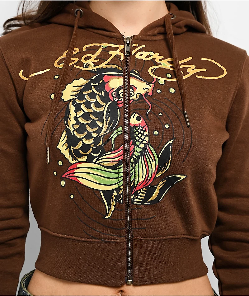 Ed Hardy Koi Fish Cocoa Crop Zip Hoodie