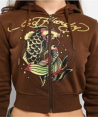 Ed Hardy Koi Fish Cocoa Crop Zip Hoodie