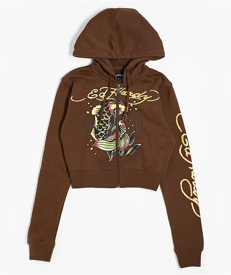 Ed Hardy Koi Fish Cocoa Crop Zip Hoodie