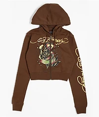 Ed Hardy Koi Fish Cocoa Crop Zip Hoodie