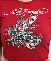 Ed Hardy Koi Fish Maroon Crop T-Shirt