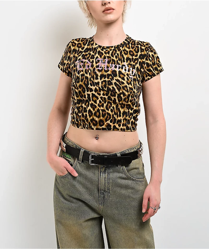 Ed Hardy LKS Pink Skull Leopard Crop T-Shirt