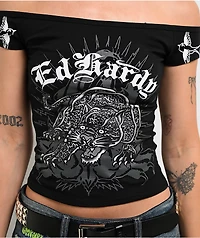 Ed Hardy Leopard Panther Black Off Shoulder Crop T-Shirt