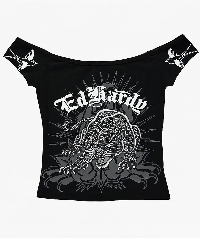 Ed Hardy Leopard Panther Black Off Shoulder Crop T-Shirt