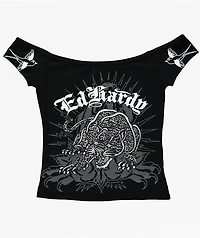 Ed Hardy Leopard Panther Black Off Shoulder Crop T-Shirt