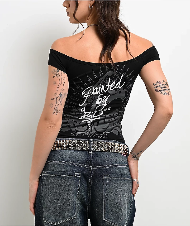 Ed Hardy Leopard Panther Black Off Shoulder Crop T-Shirt