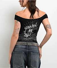Ed Hardy Leopard Panther Black Off Shoulder Crop T-Shirt