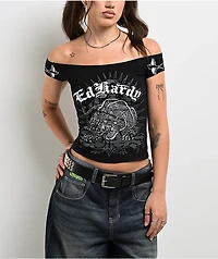 Ed Hardy Leopard Panther Black Off Shoulder Crop T-Shirt