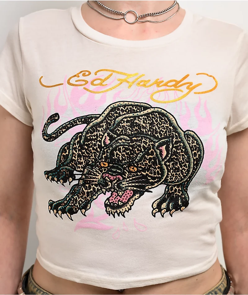 Ed Hardy Leopard Panther Rhinestone Ivory Crop T-Shirt