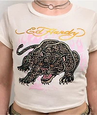 Ed Hardy Leopard Panther Rhinestone Ivory Crop T-Shirt