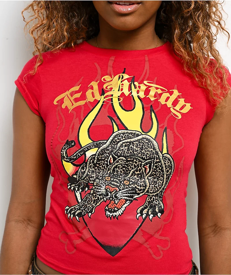 Ed Hardy Leopard Rhinestone Cherry Crop T-Shirt