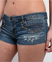 Ed Hardy Leopard Studded Blue Micro Shorts