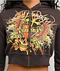 Ed Hardy Love Kills Slowly Espresso Brown Crop Zip Hoodie