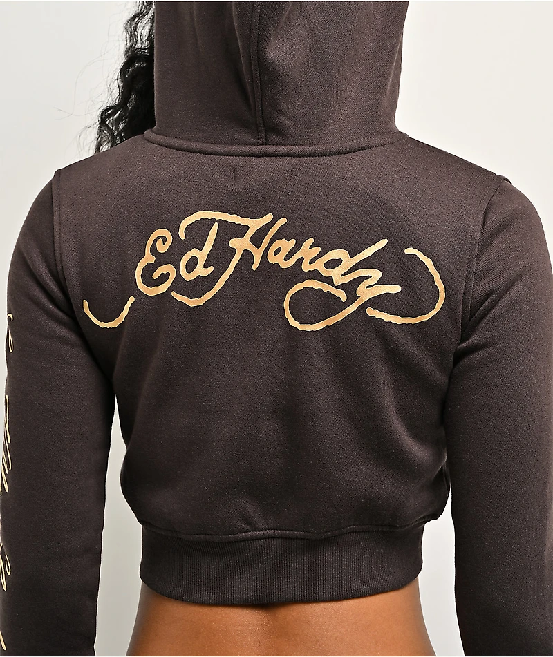 Ed Hardy Love Kills Slowly Espresso Brown Crop Zip Hoodie