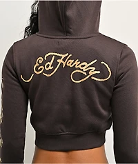 Ed Hardy Love Kills Slowly Espresso Brown Crop Zip Hoodie