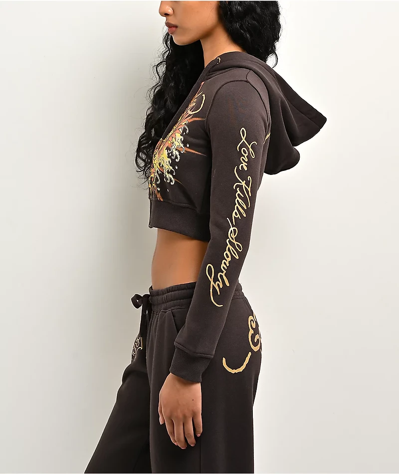 Ed Hardy Love Kills Slowly Espresso Brown Crop Zip Hoodie