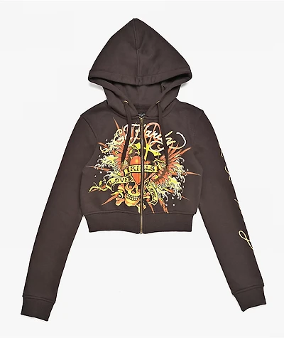 Ed Hardy Love Kills Slowly Espresso Brown Crop Zip Hoodie