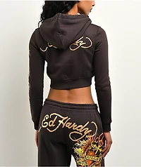Ed Hardy Love Kills Slowly Espresso Brown Crop Zip Hoodie