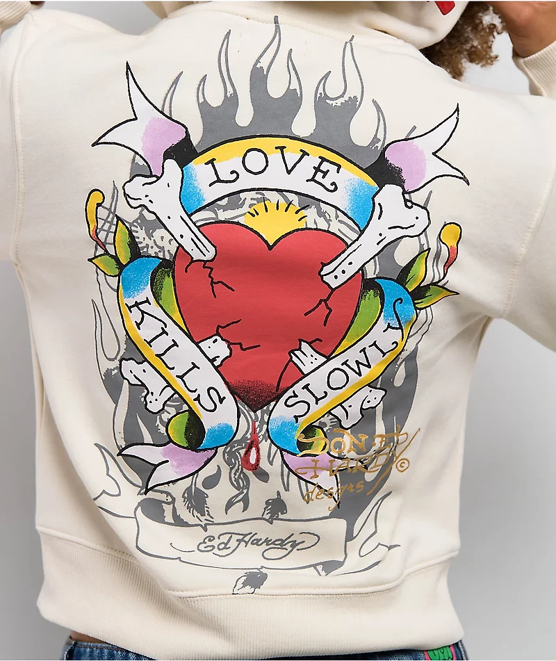 Ed Hardy Love Kills Slowly Heart Ivory Crop Zip Hoodie