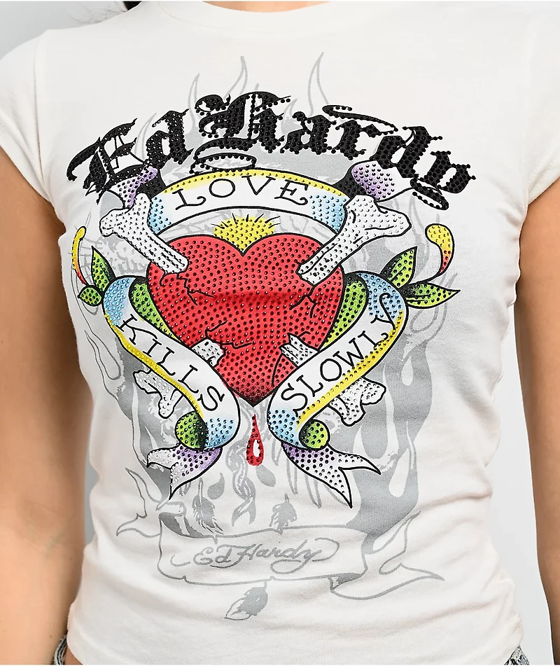 Ed Hardy Love Kills Slowly Heart Rhinestone Ivory Cap Sleeve T-Shirt