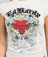 Ed Hardy Love Kills Slowly Heart Rhinestone Ivory Cap Sleeve T-Shirt