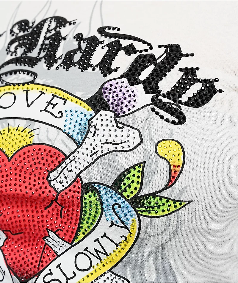 Ed Hardy Love Kills Slowly Heart Rhinestone Ivory Cap Sleeve T-Shirt
