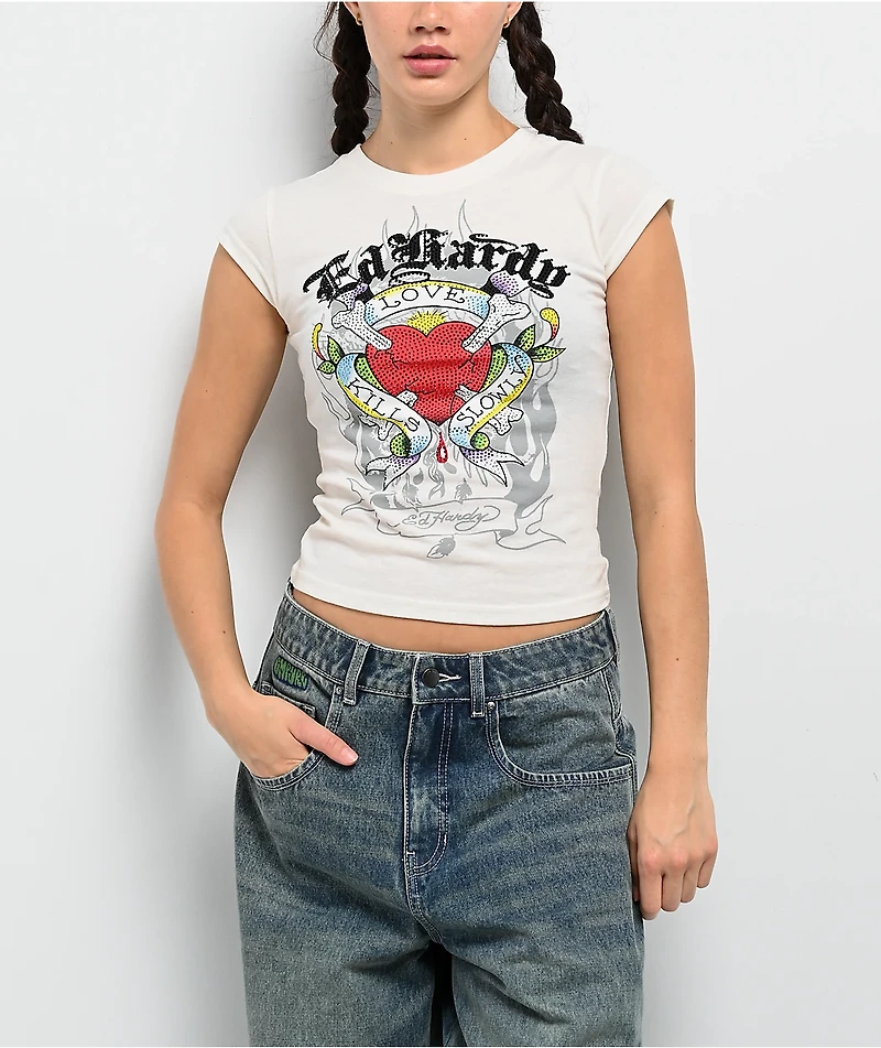 Ed Hardy Love Kills Slowly Heart Rhinestone Ivory Cap Sleeve T-Shirt