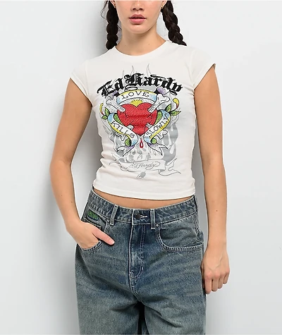 Ed Hardy Love Kills Slowly Heart Rhinestone Ivory Cap Sleeve T-Shirt